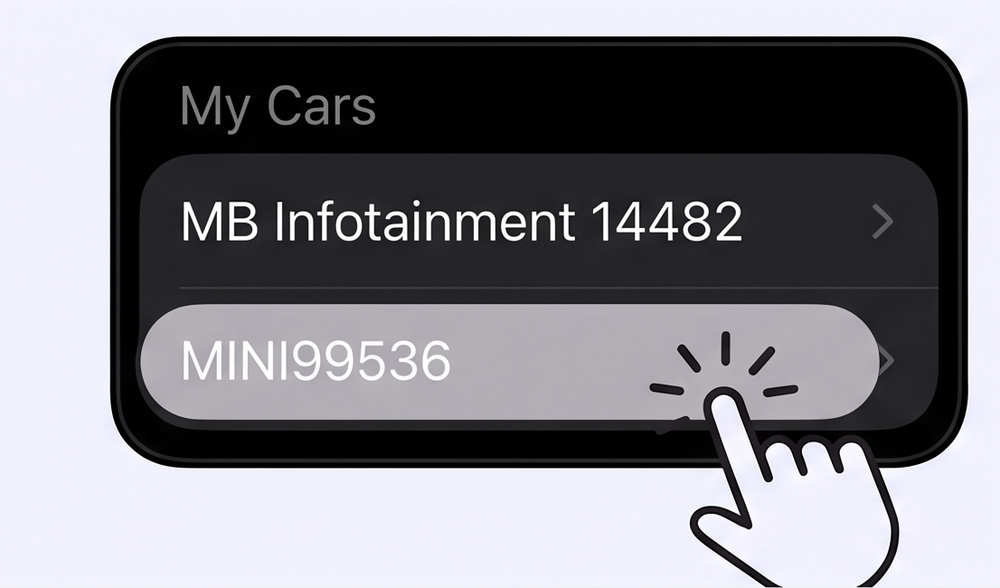 CarPlay My Cars list with a car selected