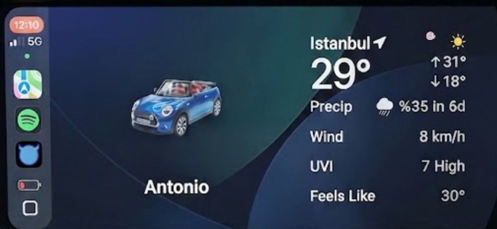 CarPlay dashboard with My Antonio widget showing a Mini Cooper and weather widget