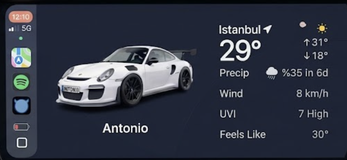CarPlay dashboard with My Antonio widget showing a Porsche and weather widget