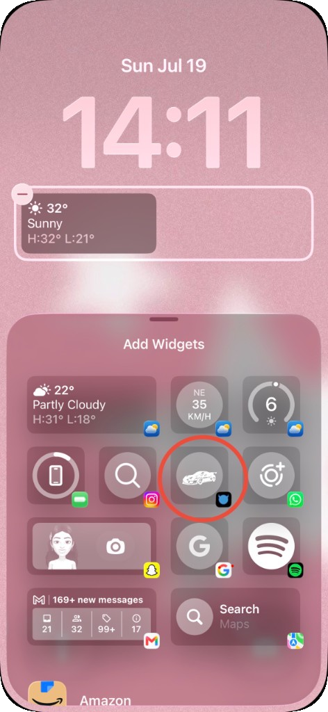 Add Widgets sheet with My Antonio car badge highlighted