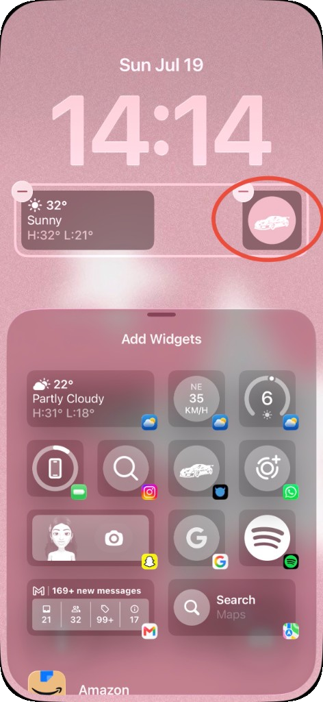 Lock screen showing My Antonio car badge widget
